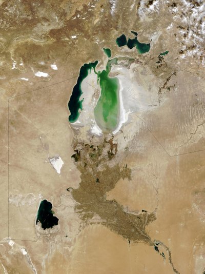 The Aral Sea, October 2008. Once the fourth largest inland sea, in southern Kazakhstan and northern Uzbekistan, it has divided into three bodies of water by National Aeronautics and Space Administration National Aeronautics and Space Administration